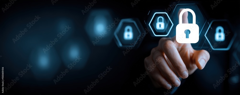 Poster a hand presses a digital lock icon, symbolizing cybersecurity and data protection in a futuristic in