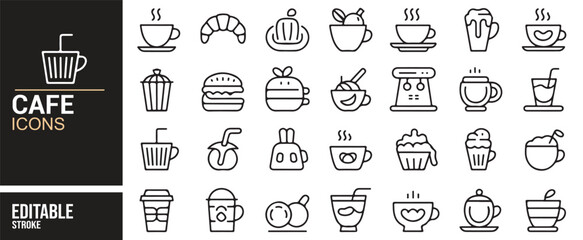 Icon Set for Cafe Drinks, Pastries, Ice Cream, and Refreshing Beverages