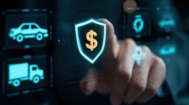 A hand interacts with a digital interface featuring icons of vehicles and a dollar sign shield, symbolizing financial protection or insurance for automobiles.