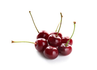 Many fresh ripe cherries isolated on white