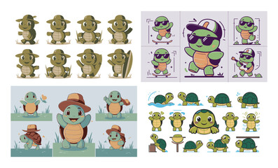 A collection of adorable cartoon turtle characters wearing hats and engaging in various activities