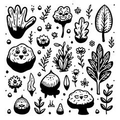 Whimsical Hand-Drawn Nature Doodle Set: Cartoon Plants, Leaves, and Forest Elements