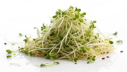Fresh alfalfa sprouts microgreens for healthy eating and nutrition on white background macro photography