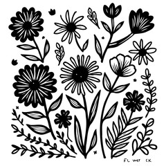 Elegant floral pattern in black and white, artistic botanical drawing illustration