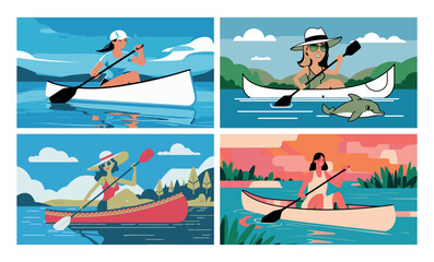 A woman paddles a canoe on a calm lake surrounded by mountains and a cloudy sky