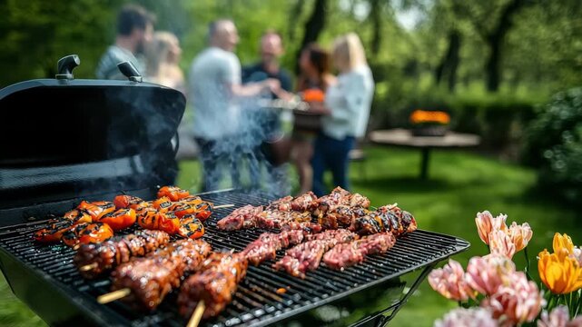 Grilled meat and vegetable barbecue on outdoor grill with group socializing in garden during sunny summer party event