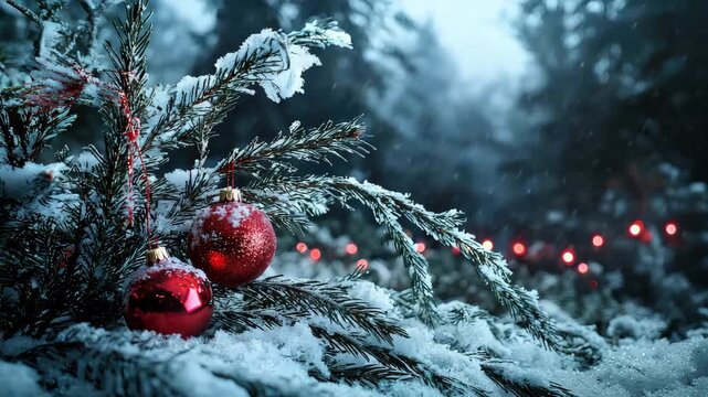 Snow covered pine branch with red Christmas ornament decoration and holiday snow winter forest creating festive and peaceful atmosphere with blurred