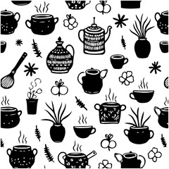 Charming Hand-Drawn Kitchenware Pattern: Black and White Kitchen Utensils Illustration