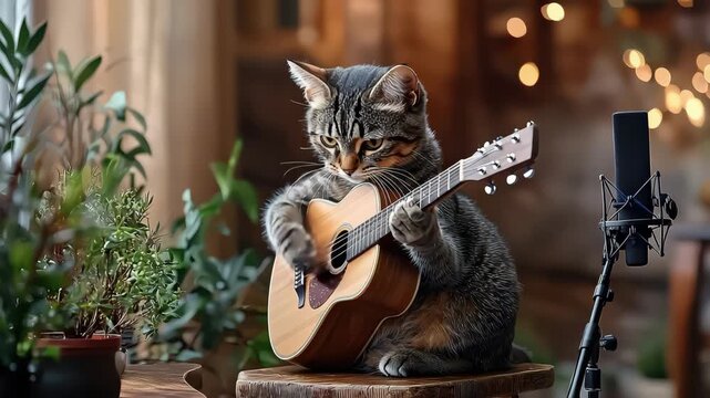 Focused tabby cat playing acoustic guitar indoors near microphone with plants and warm lights, creating cozy musical atmosphere with pet animal