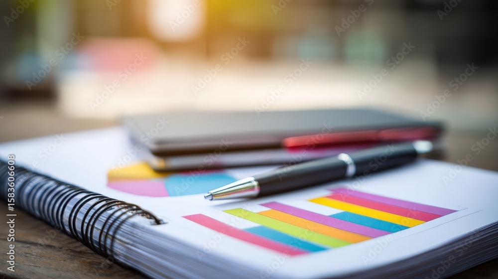 Poster a close-up of a spiral notebook with colorful bar charts and a pen resting on top, indicating data a