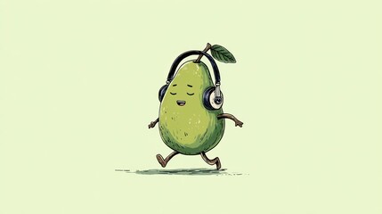 Cute pear with headphones, light green background