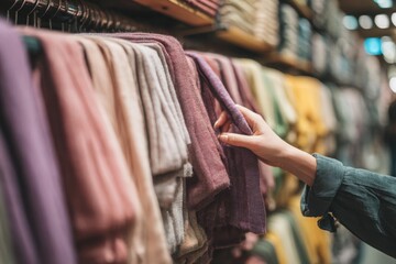 Person selecting a scarf from a vibrant display in a cozy retail store, with colorful fabrics