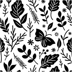Seamless nature pattern with leaves, branches, flowers, and butterfly illustration