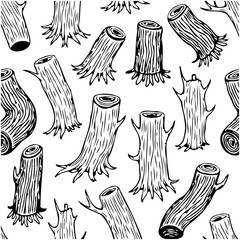 Seamless vector pattern featuring stylized tree stumps in black and white drawings