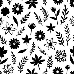 Seamless floral pattern with a variety of flowers and leaves in black and white