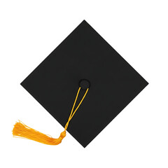 Black Graduation Cap Top View; Gold Tassel; Achievement; Success; Education; Ceremony; Minimalist; Isolated Background.