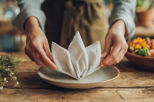 Person skillfully folding a napkin into a decorative shape on a rustic wooden table