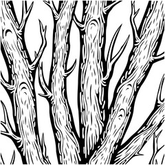 Abstract Black and White Woodcut Illustration of Trees with Bare Branches