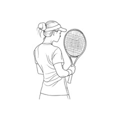 Female Caucasian tennis player in visor holding racket, minimalistic black line doodle style, sports character design for fitness blog, tournament poster or summer games banner on transparent