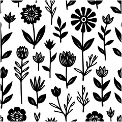 Elegant floral seamless pattern featuring botanical elements in black and white design