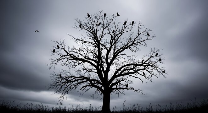 A stark silhouette of a bare tree with crows perched against a stormy sky.
