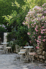 Empty pretty cafe by the sea in Przno near Budva, Montenegro. Travel destination in Montenegro.