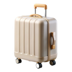 Modern beige suitcase with retractable handle and wheels isolated on transparent background