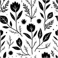 Elegant Black and White Floral Pattern Design with Nature Elements Illustration