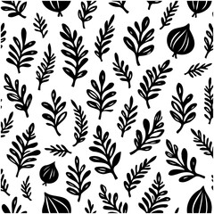 Monochrome botanical pattern with leaves and branches for textile design