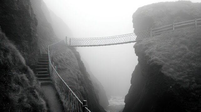 Fototapeta Misty mountain pass with a rope bridge