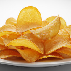 A close-up of crispy, golden potato chips arranged artfully on a plate, with some chips slightly tilted to show their crunchiness. The vibrant yellow background enhances the warmth of the chips
