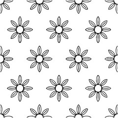 Seamless floral pattern of stylized daisy flowers in black outline on white