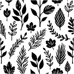 Seamless botanical pattern with hand-drawn black foliage on a white background