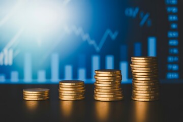 Golden coins stacked in ascending order against a blue financial graph background growth finance