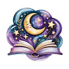 Open book with crescent moon and stars moon face