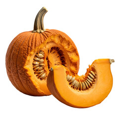 Autumn Harvest:  Sliced Pumpkin with Seeds, Vibrant Orange, Studio Shot, Isolated on Black Background