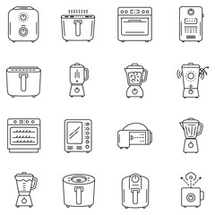 Black and white line art icons of kitchen appliances including toasters blenders and ovens vector