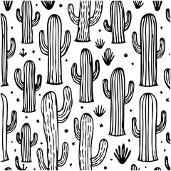 Seamless Pattern of Black and White Cactus: A Desert Inspired Botanical Design