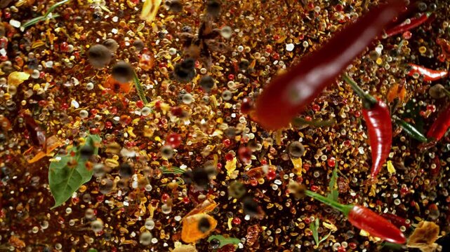 Super Slow Motion Shot of Flying and Rotating Various Spices. Filmed on High Speed Cinema Camera, 1000fps.