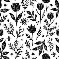 Elegant floral seamless pattern with blooming tulips, leaves, and botanical elements