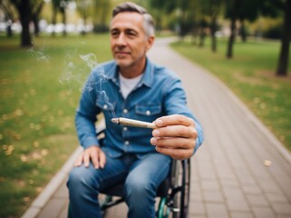 Obraz premium Person in wheelchair uses rolled joint for pain relief, demonstrating controlled medicinal use of cannabis for wellness