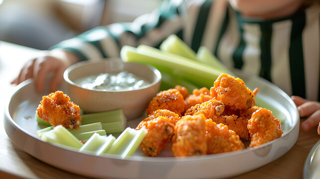 Appetizing plate featuring crispy buffalo chicken wings served alongside crisp celery sticks and creamy blue cheese dip offers a satisfying meal. - Powered by Adobe