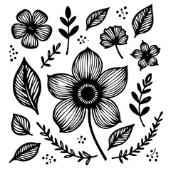 Elegant floral vector illustration featuring assorted botanical elements in monochrome