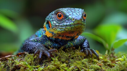 Close-up of a vibrant lizard with intricate scales.  Its body is a striking mix of blues, greens, and oranges, set against a backdrop of lush, green foliage. 