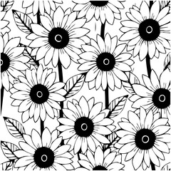 Elegant Sunflower Pattern: Black and White Floral Design for Textile Prints