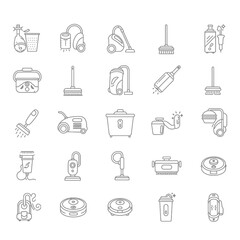 Set of line art icons depicting various cleaning appliances and tools vacuum cleaner broom