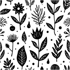 Elegant monochrome floral pattern featuring stylized flowers and leaves in vector format
