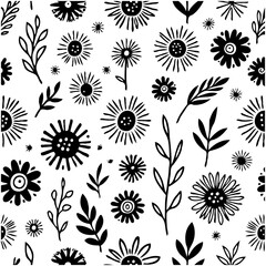Elegant seamless pattern of hand-drawn flowers and leaves in black and white