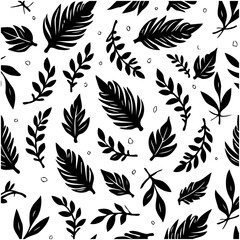 Elegant black and white botanical pattern, featuring stylized foliage and leaves, seamless design