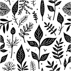 Black and White Seamless Pattern Featuring Botanical Elements for Textile Design